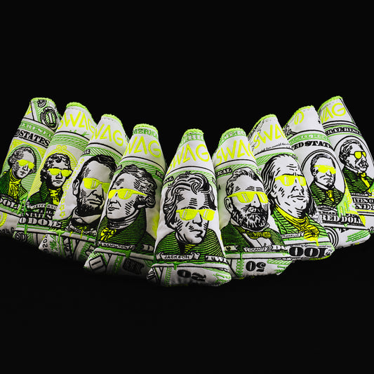 Almighty Dollar 4.0 white, neon green, and yellow dollar bill themed blade putter golf headcover made in the USA.