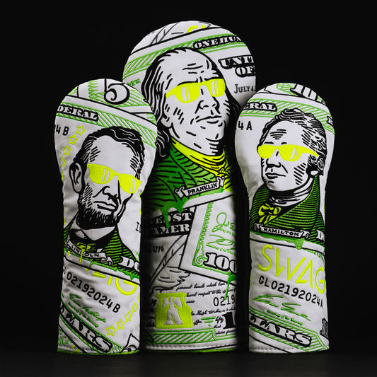 Almighty Dollar 4.0 white, neon yellow, and green dollar bill themed golf woods headcover set made in the USA.