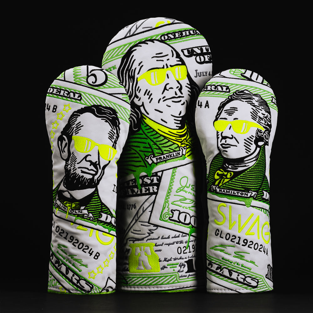 Almighty Dollar 4.0 white, neon yellow, and green dollar bill themed golf woods headcover set made in the USA.