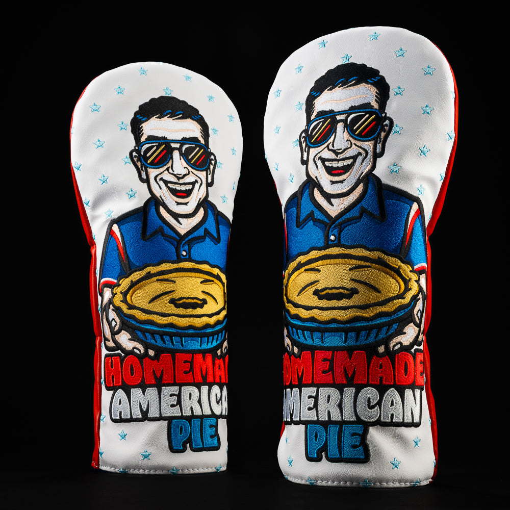 Jim driver cover holding a homemade American pie, wearing shades, stitched in bold SWAG Golf style.
