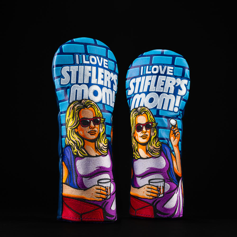 American Pie licensed Stifler’s Mom fairway cover with sunglasses, drink, and golf ball, stitched in bold SWAG Golf style.