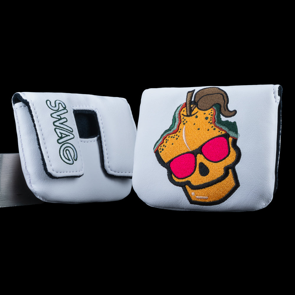 Rotten Peach center shaft mallet headcover with peach skull and pink sunglasses.