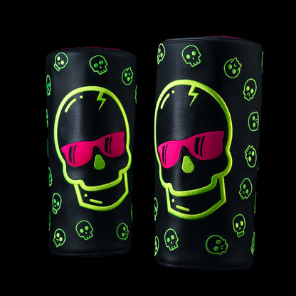 Eclipse Pink & Bolt Skull Barrel Driver Cover with neon green skull and pink sunglasses on black background.