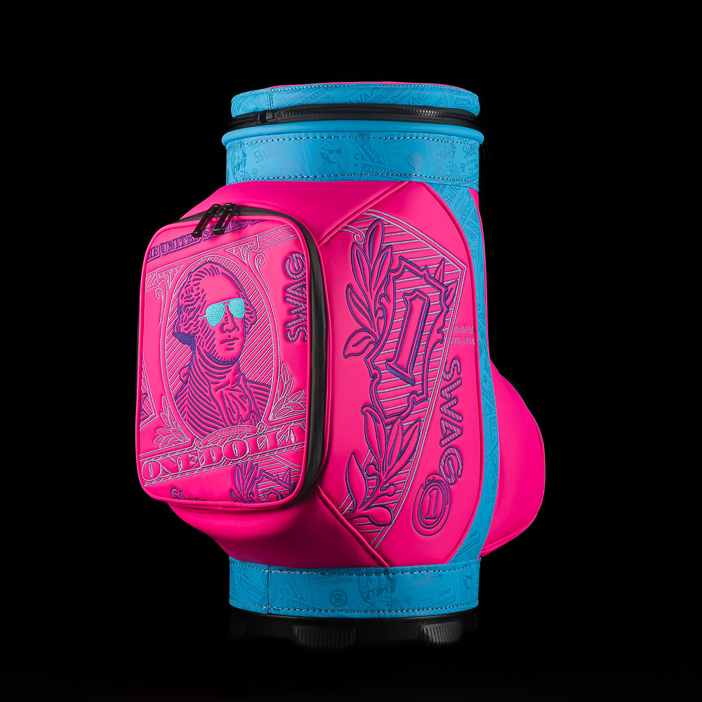 SWAG Golf Bubblegum George pink and blue dollar bill themed den caddy zippered cooler. 