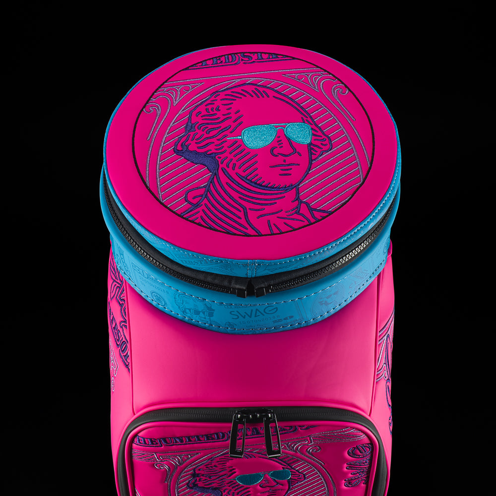 SWAG Golf Bubblegum George pink and blue dollar bill themed den caddy zippered cooler. 
