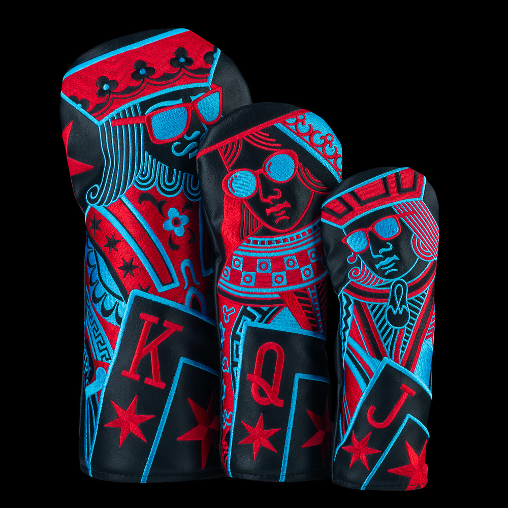 Chi Collection wood headcover set featuring Chicago flag colors and playing card artwork.