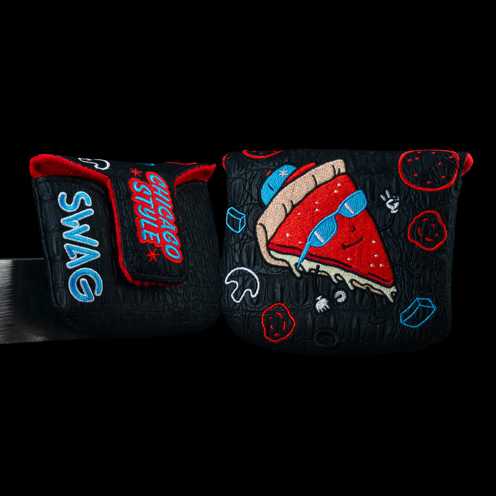 Chicago Deep Dish mallet headcover with pizza character graphic and Chicago themed icon design.