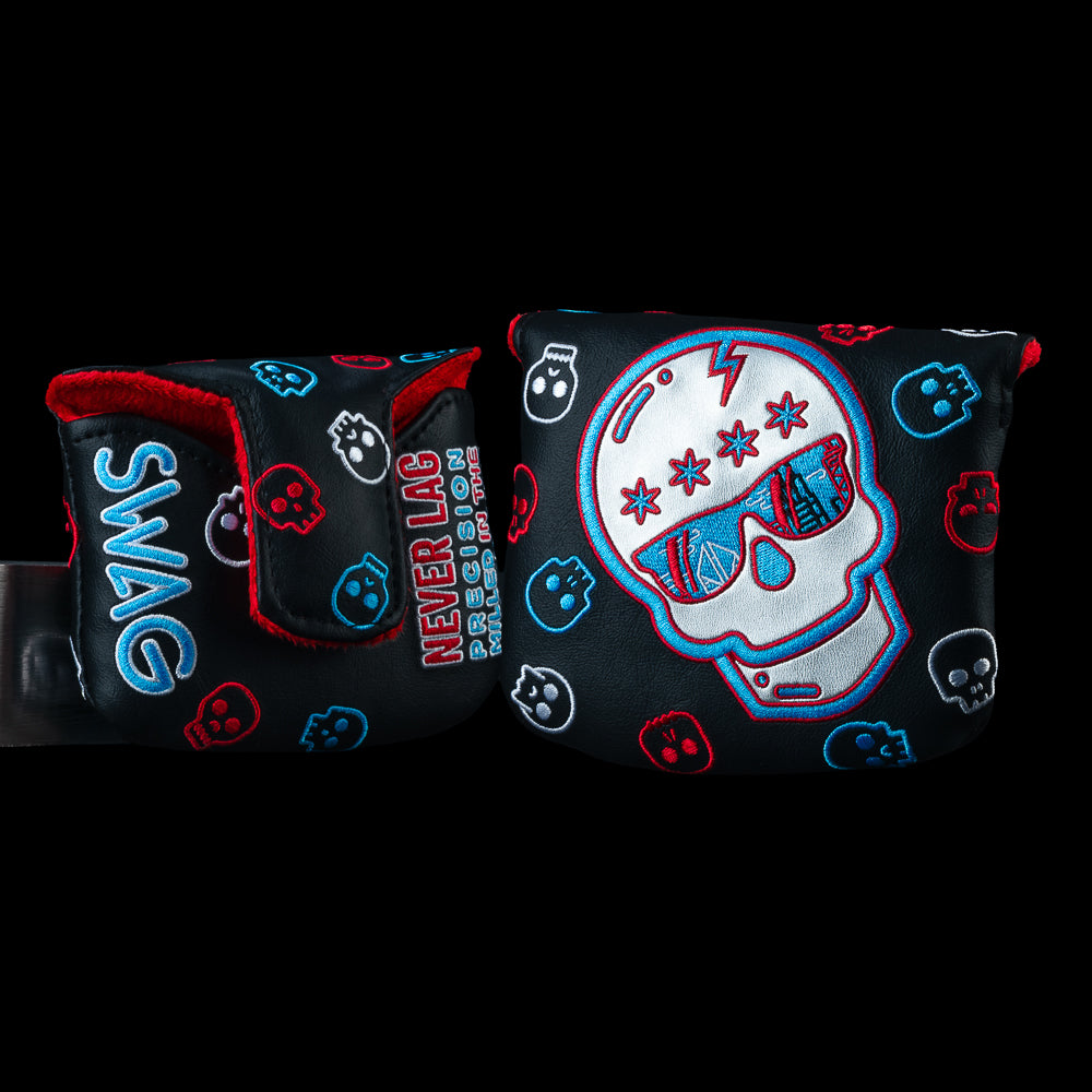 Chicago Skull mallet headcover with SWAG skull graphic and Chicago star artwork in red and blue.