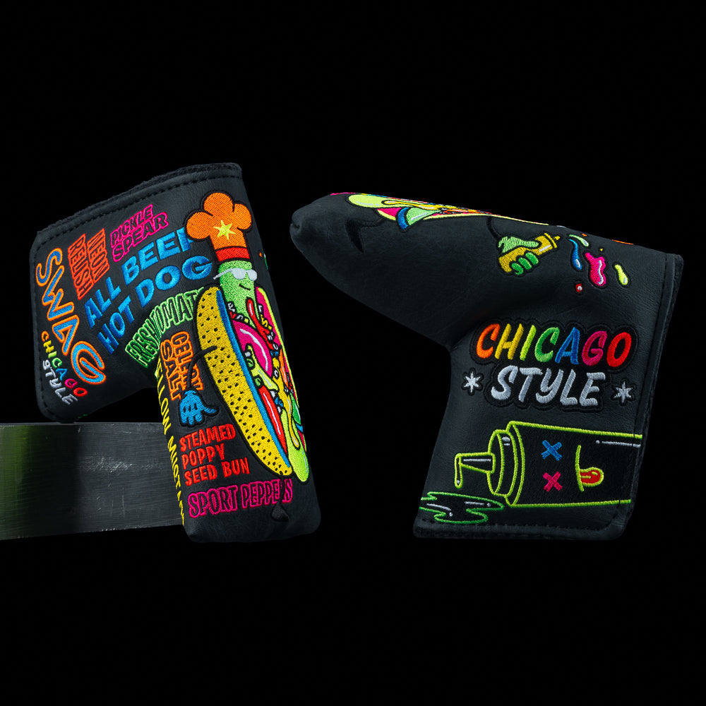Chicago Dog of Colors blade headcover featuring neon Chicago style hot dog graphics and bold SWAG artwork.