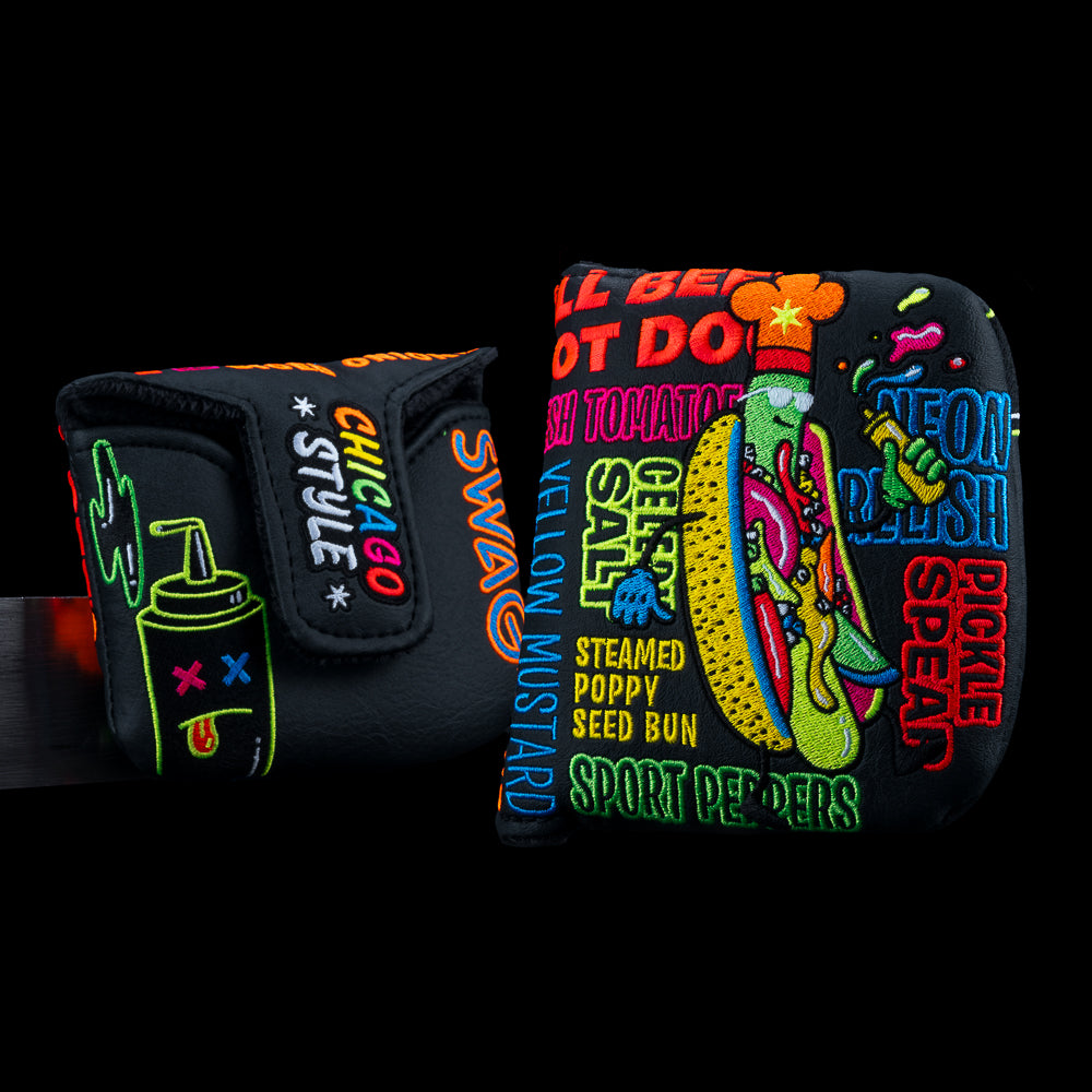 Chicago Dog of Colors mallet cover with colorful Chicago hot dog artwork and SWAG branding.