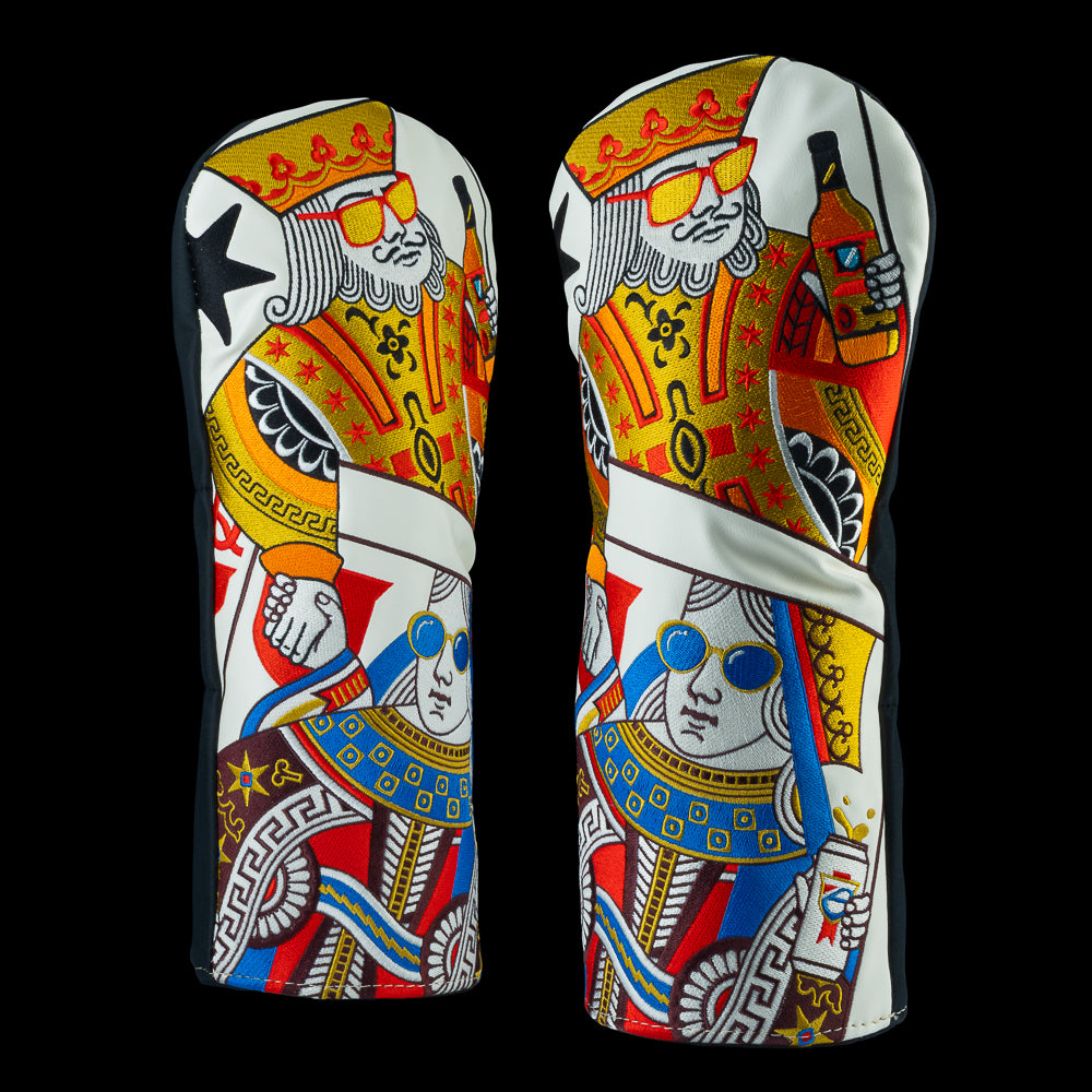 Chicago Handshake driver headcover with king and queen card artwork and SWAG branding.