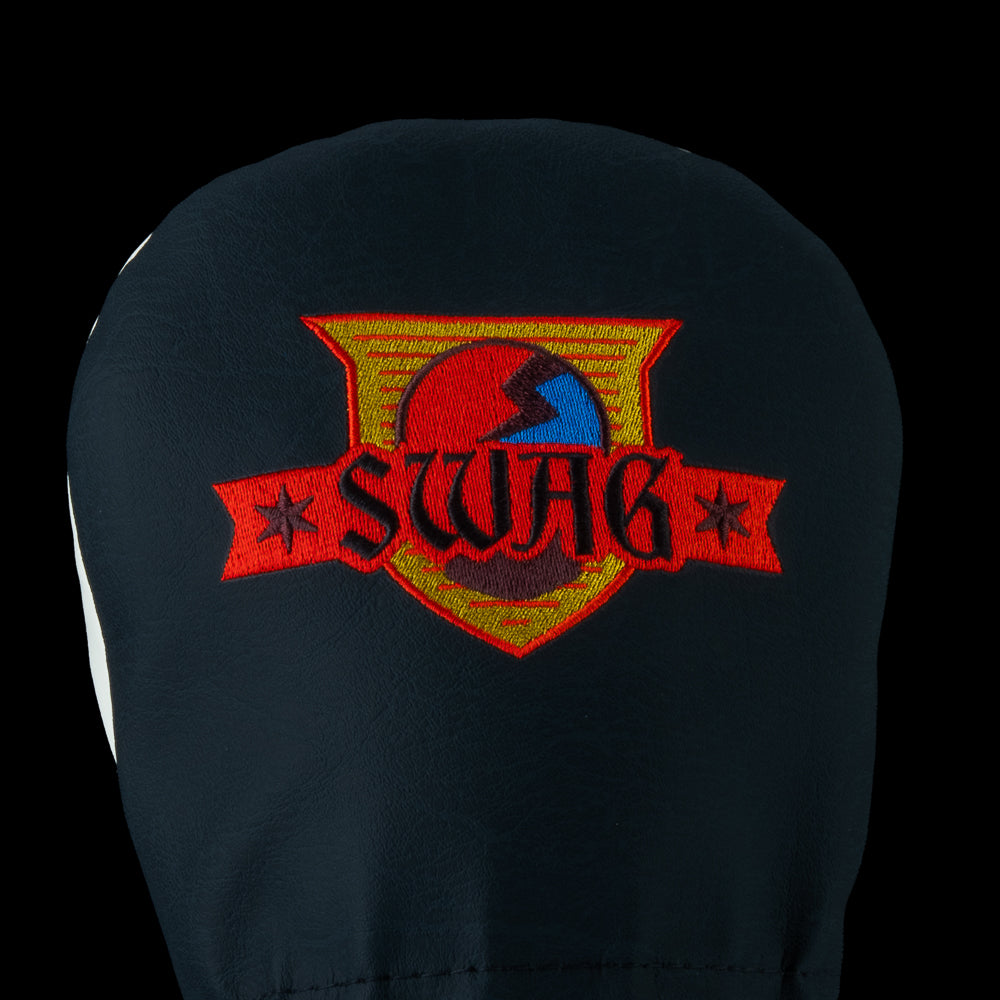 Close up view of the Chicago Handshake driver headcover featuring SWAG patch branding.