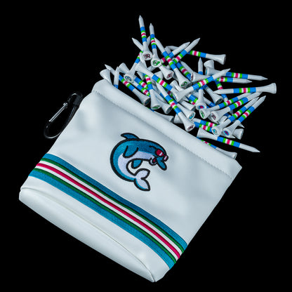 White tee pouch and golf tees with stripes and flipper dolphin embroidered design.
