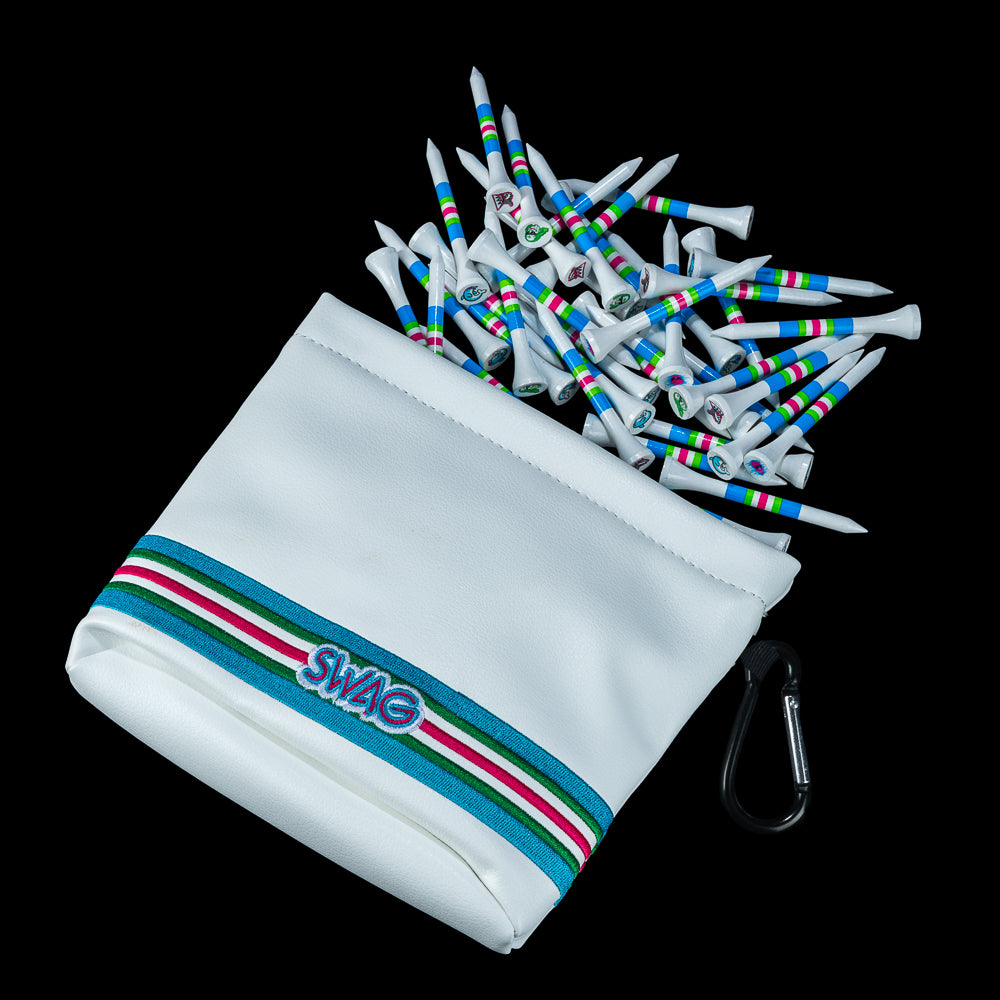 White tee pouch and golf tees with stripes and flipper dolphin embroidered design.
