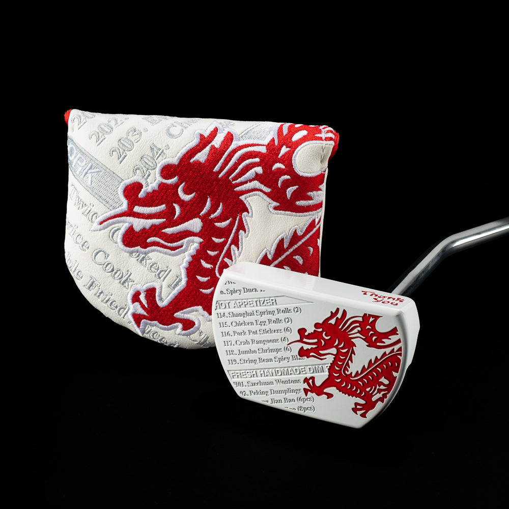 SWAG Golf Take Out The Boss 2.0 limited edition golf putter featuring a white cerakote finish, Chinese menu engraving and red handpainted dragon design.
