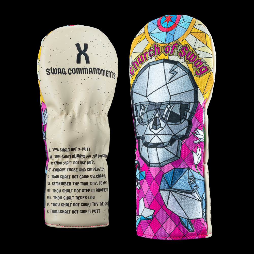 Church of SWAG driver headcover featuring stained glass style skull graphic and SWAG commandments. 