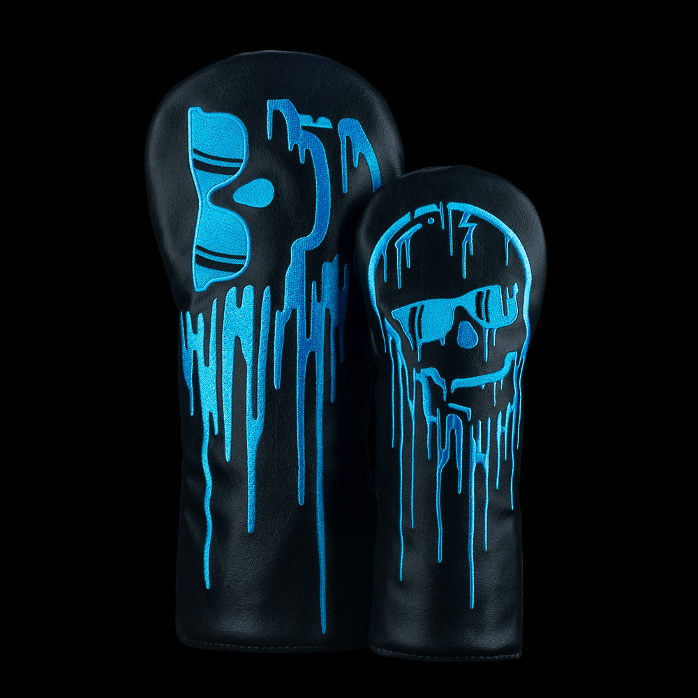 Dripping Skull Aqua Wood Cover set with black wood covers and bright aqua dripping skull graphics.