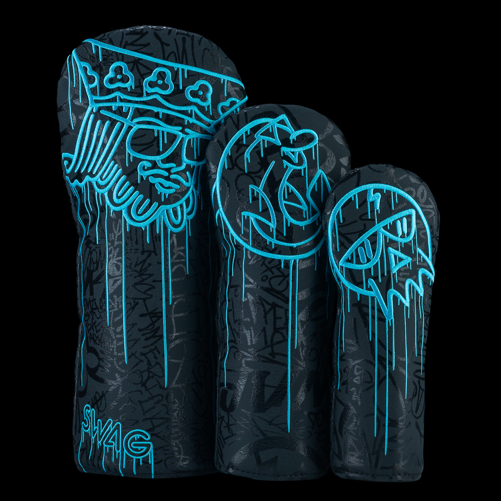 Fully Tagged SWAG Golf wood cover set with blue graffiti drip artwork on black background.