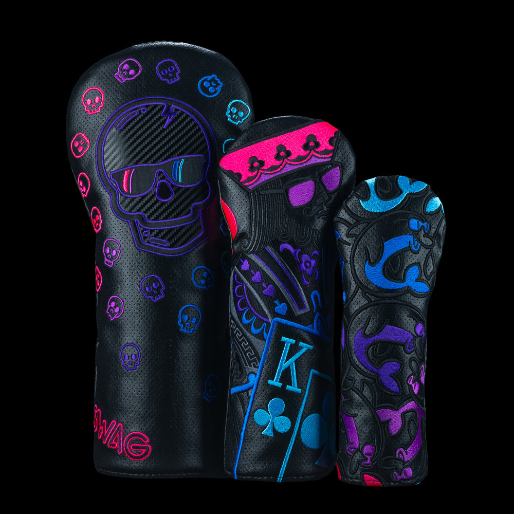 Gradient Favorites SWAG Golf headcover set featuring skull and card themed gradient artwork.