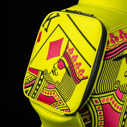 Neon yellow SWAG Golf den caddy zippered cooler with neon pink and black King playing card embroidered design.