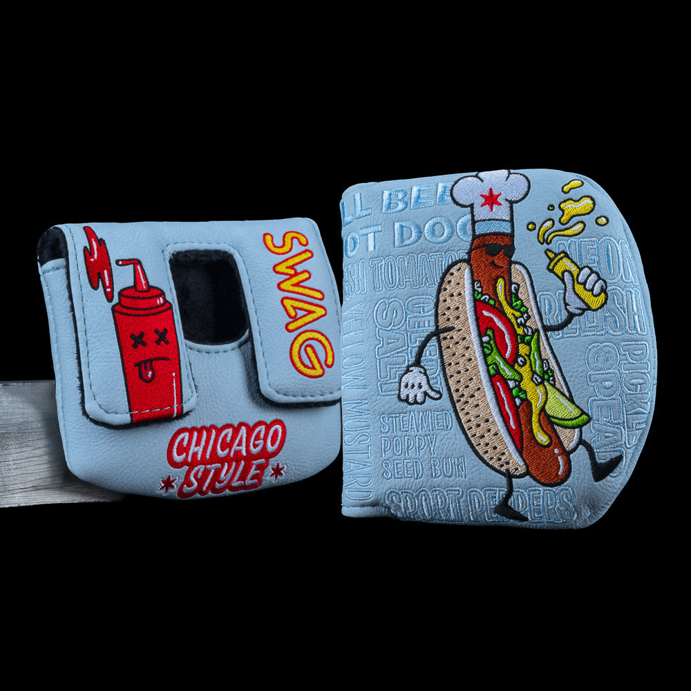 OG Chicago Dog small center shaft mallet cover with Chicago style hot dog graphic.