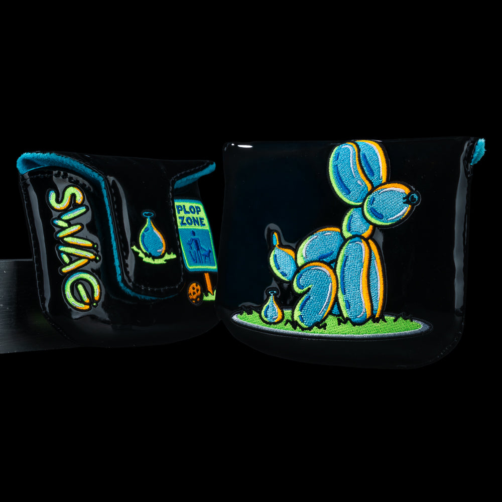 Plop Zone mallet cover with balloon dog illustration and neon SWAG logo.