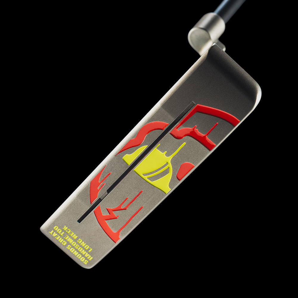 SWAG Golf RAD Handsome Too Longneck limited edition golf putter with a black oxide finish, sound slot, and red and yellow dripping skull design on the sole.