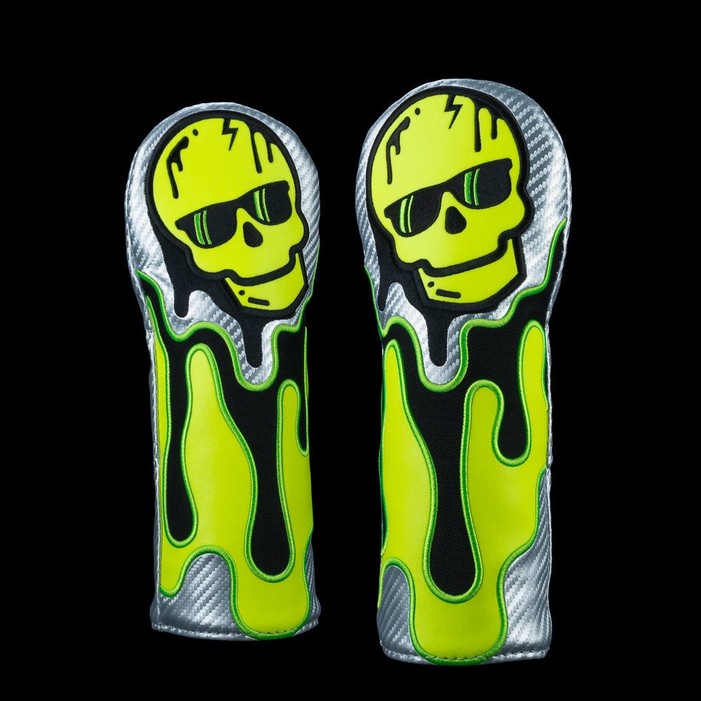 Radioactive 3D drip skull fairway headcover with neon green dripping slime and skull artwork.