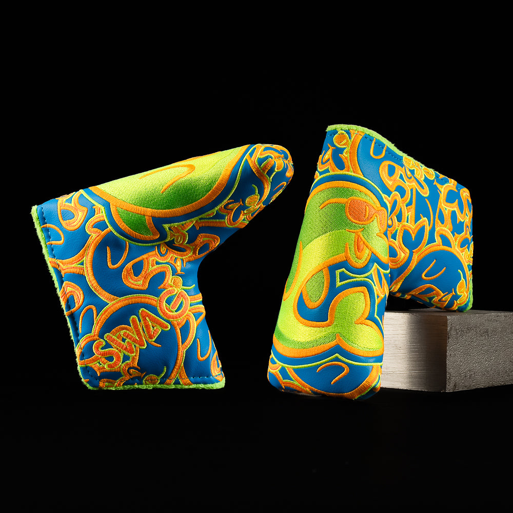 Stacked Flipper 2.0 blade cover with repeated dolphin graphics in blue and orange.