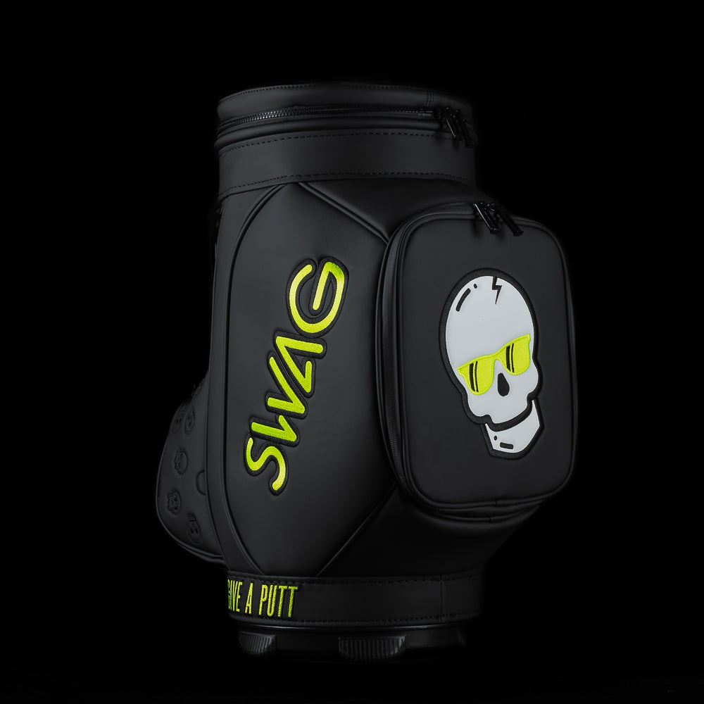 SWAG Golf OG Skull black and neon yellow den caddy zippered cooler with signature skull and Don't Give A Putt mantra.