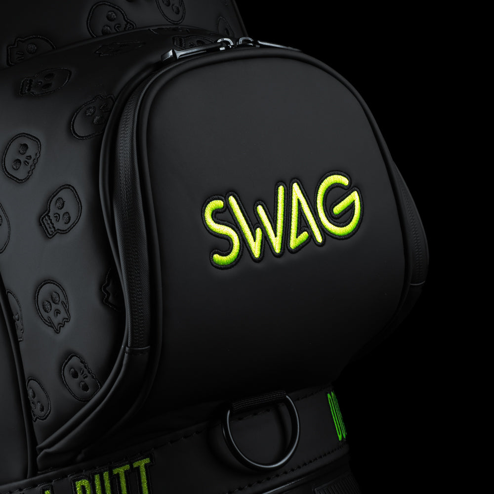 SWAG Golf OG Skull black and neon yellow den caddy zippered cooler with signature skull and Don't Give A Putt mantra.