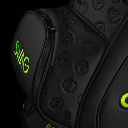 SWAG Golf OG Skull black and neon yellow den caddy zippered cooler with signature skull and Don't Give A Putt mantra.