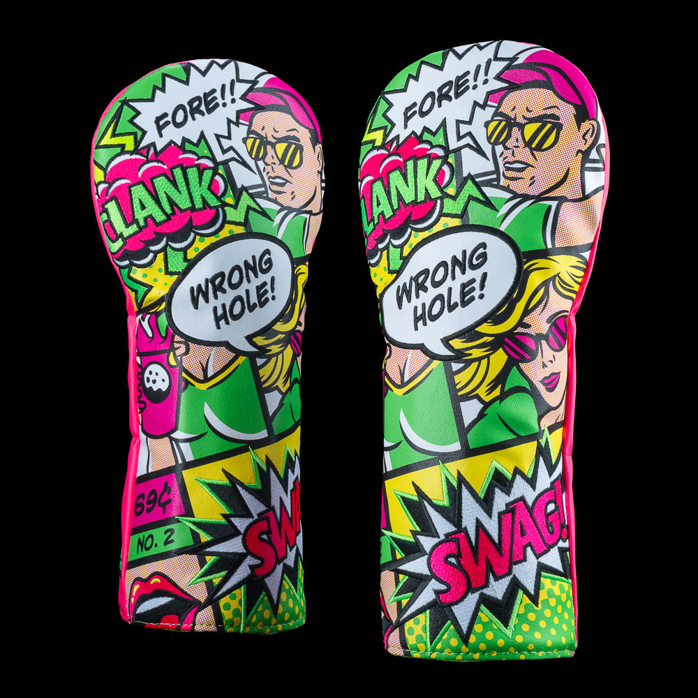 SWAG Golf comic style headcovers with pop art panels, speech bubbles reading “Fore” and “Wrong Hole,” and bold neon artwork.