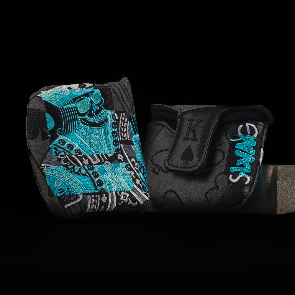 X-Ray King mallet headcover with blue king collage artwork and dark suit pattern.