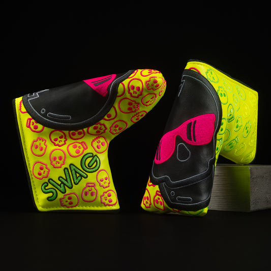 Big Head Black Skull with neon yellow, lime green and magenta blade head cover made in the USA.