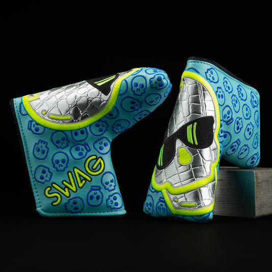 Big Skull, silver, aqua, and neon green blade putter golf club head cover made in the USA.