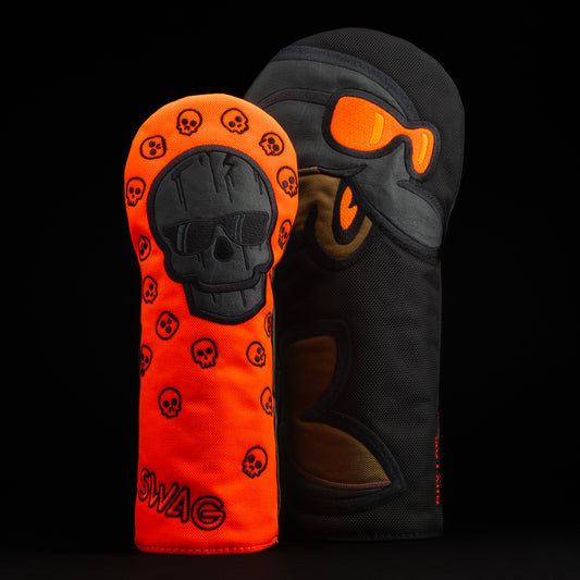 Camo Flipper and Black Skull with neon orange woods set of driver and fairway golf headcovers made in the USA.