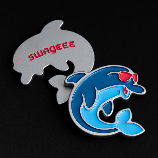 Flipper dolphin themed stainless steel blue and aqua golf ball marker accessory.