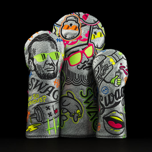 Greatest Hits in silver with neon green and yellow, orange and magenta woods set golf club headcovers created in the USA.