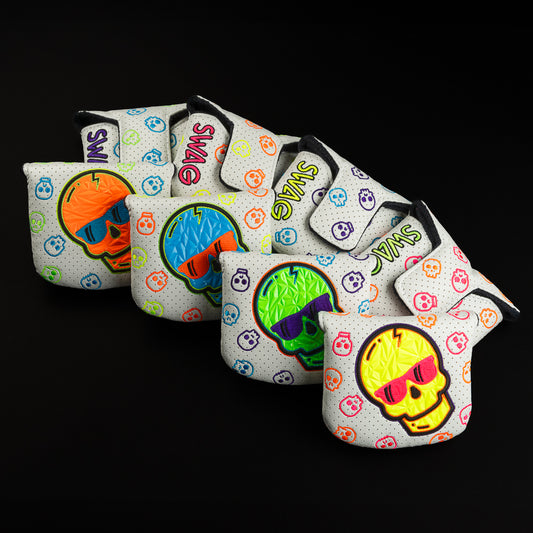Hot Stuff Neon Orange, Blue, Green and Yellow Skulls mallet golf club head covers made in the USA.