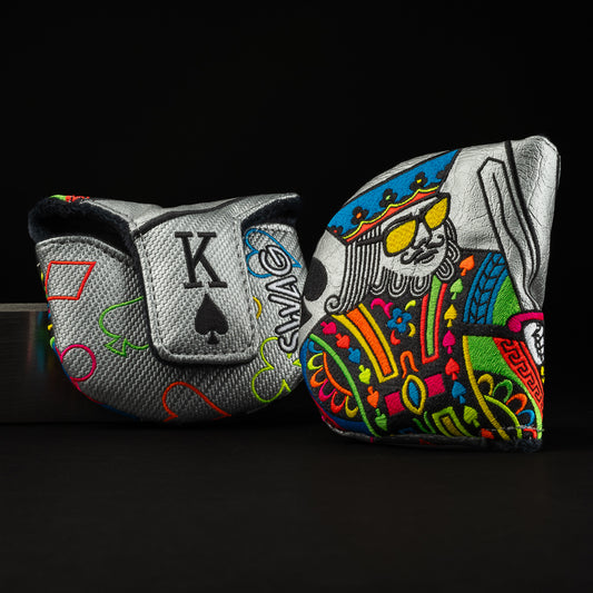 King of Colors with silver, blue, orange, yellow, neon green and magenta boss mallet putter golf club head cover made in the USA.