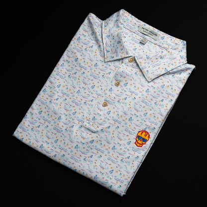 Swag x Peter Millar white beach print men's short sleeve golf performance polo shirt.