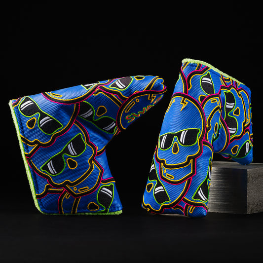 Swag stacked skulls 2.0 blue, green, red, yellow, and black golf blade headcover set made in the USA.