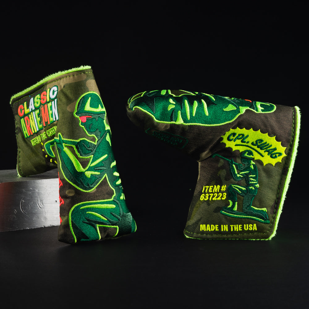 Arnie men green army men themed camouflage blade putter golf club head cover made in the USA.