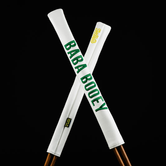 Swag Baba Booey white, green, and yellow Augusta themed golf alignment stick cover made in the USA.