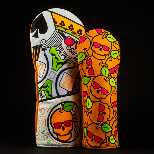 Caddie King Peach Stacked Skull in orange, green and magenta driver and fairway golf club headcover set made in the USA.