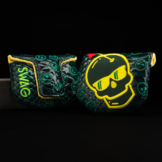 Emerald Faux Gator skin with yellow and green skull boss mallet putter golf club head cover made in the USA.