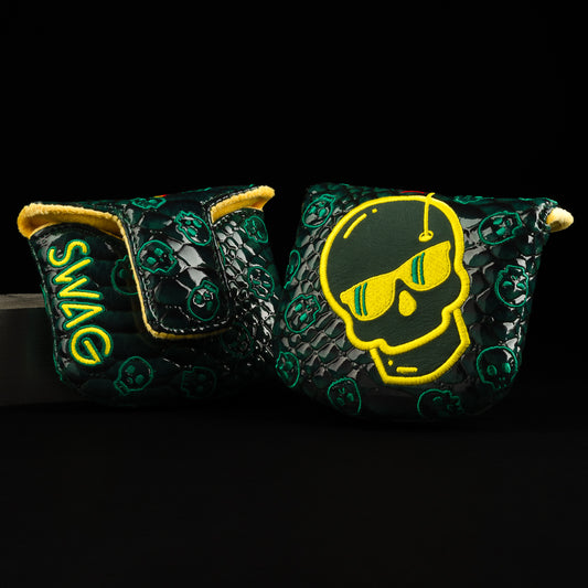 Emerald Faux Gator skin with yellow and green skull mallet putter golf club headcover. Made in the US. 