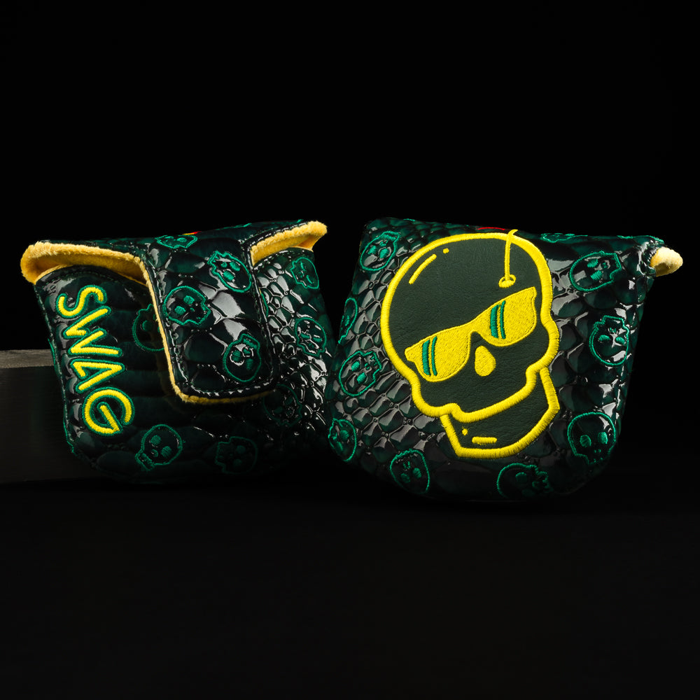 Emerald Faux Gator skin with yellow and green skull mallet putter golf club headcover. Made in the US.