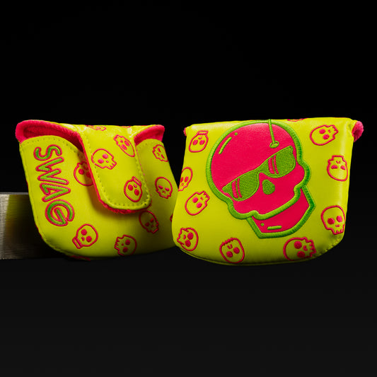 Swagenta Skull Augusta with neon yellow and magenta skull with lime green stitching mallet putter golf club headcover made in the US.